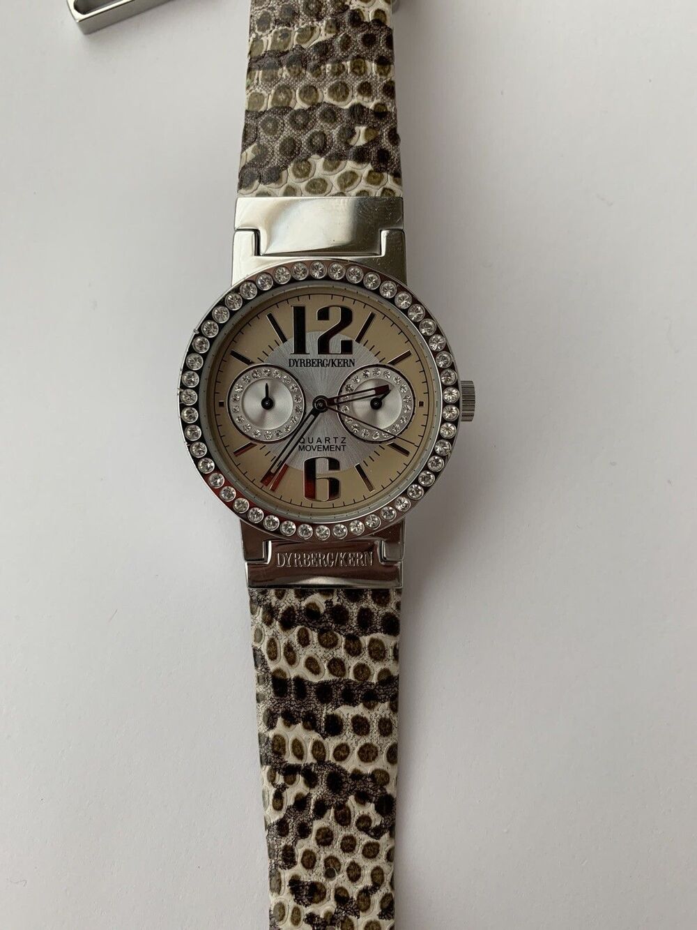 Ladies Dyrberg Kern Watch Animal Print Band Rhinestones Silver Quartz